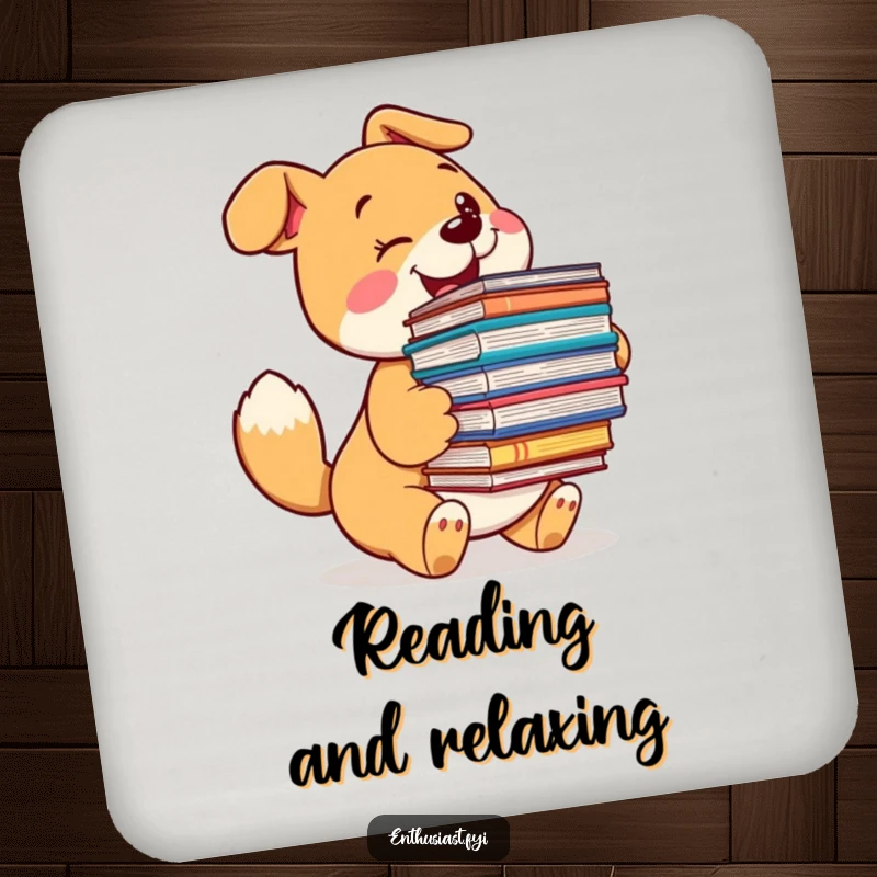 Funny dog drink coaster featuring a happy, tail-wagging dog holding a stack of books, protecting surfaces with literary charm.
