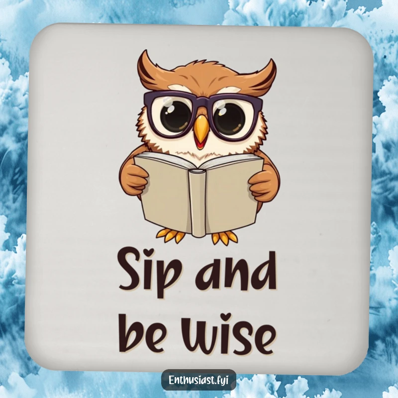 Funny Drink Coaster: Excited owl wearing oversized glasses, engrossed in reading a large book, protecting surfaces with artistic wisdom.