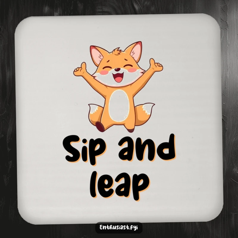 Funny Coasters: An enthusiastic fox character jumping for joy with arms outstretched, protecting surfaces with vibrant, happy art.