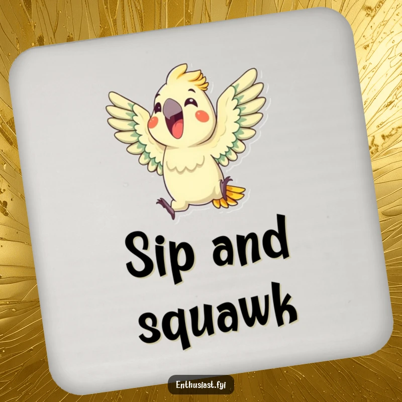 Funny Parrot Coaster: A delighted parrot enthusiastically squawks with wings outstretched, protecting surfaces with tropical flair, an adorable funny gift.