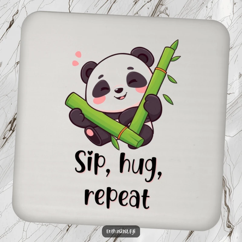 Funny drink coaster featuring a proud panda with a happy sigh, enthusiastically hugging a large bamboo stalk, protecting surfaces.
