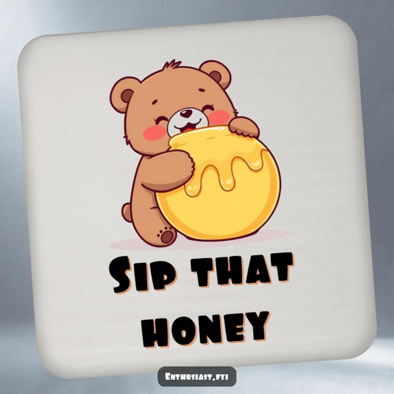 Funny Bear Coaster: A cheerful bear enthusiastically hugs a honey pot, protecting surfaces with sweet charm, an adorable funny gift.
