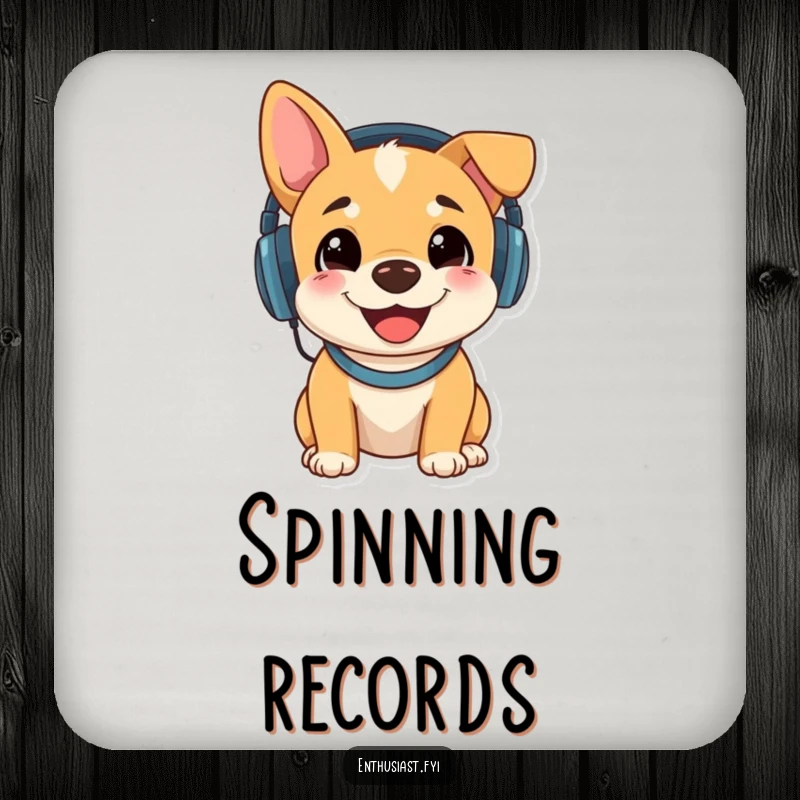 Funny drink coasters featuring a happy dog wearing headphones and listening to music, adding cheerful protection.