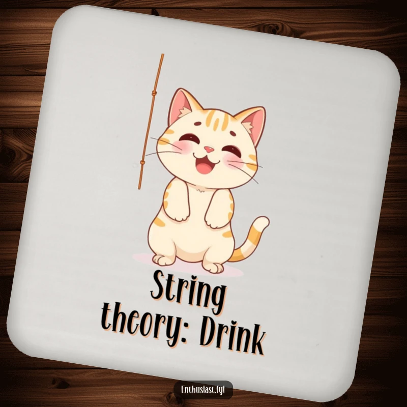 Funny Drink Coaster: Cheerful cat playfully batting at a dangling string, protecting surfaces with artistic flair and feline fun.
