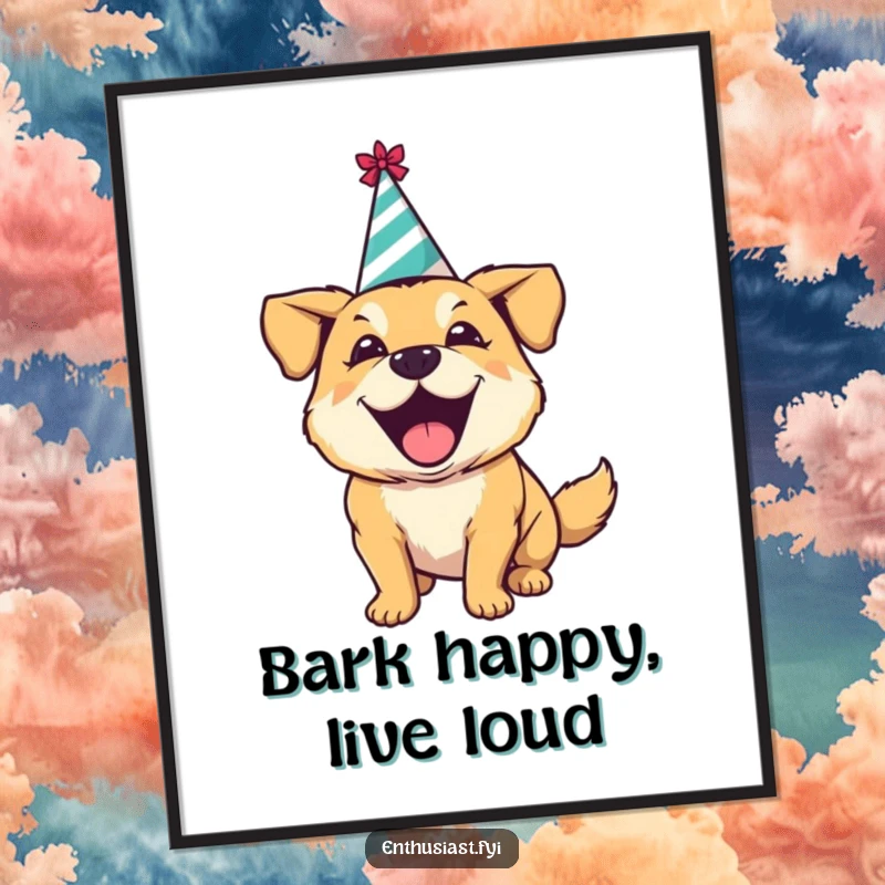 Funny poster featuring an excited dog wearing a party hat, joyfully barking, bringing festive humor to wall decor.