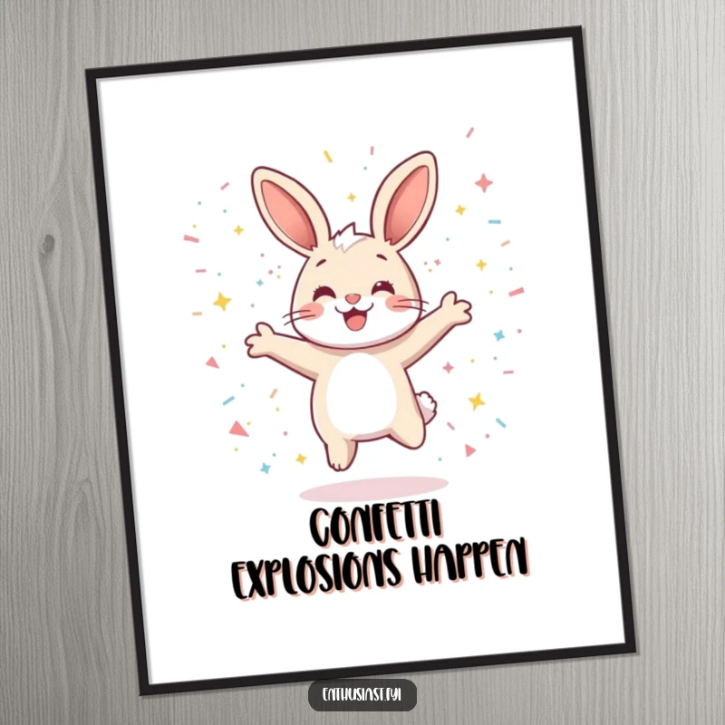 Funny poster artwork of a playful rabbit character jumping up high, surrounded by a cascade of sparkling confetti, capturing pure elation.
