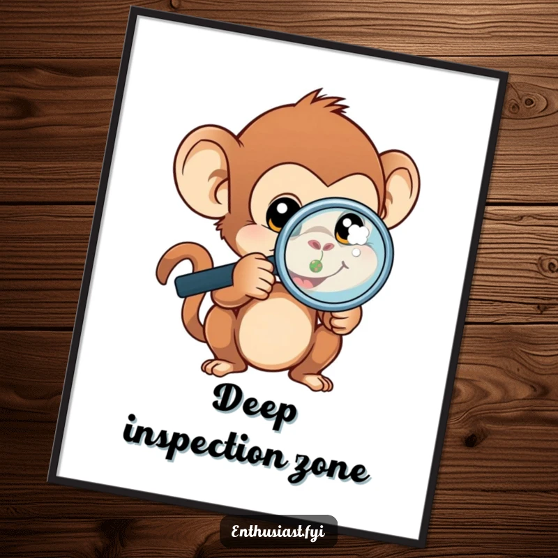 Funny monkey poster showing a curious monkey wearing a magnifying glass, examining a tiny, highly detailed object.