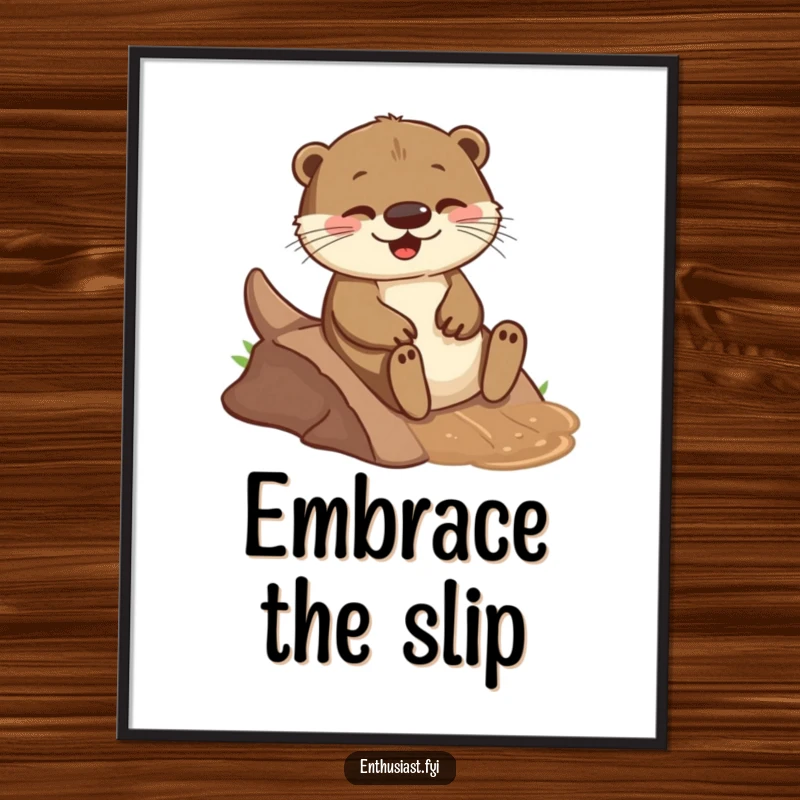 Funny poster of a playful otter joyfully sliding down a small, muddy incline, bringing a cheerful and fun vibe to the room.
