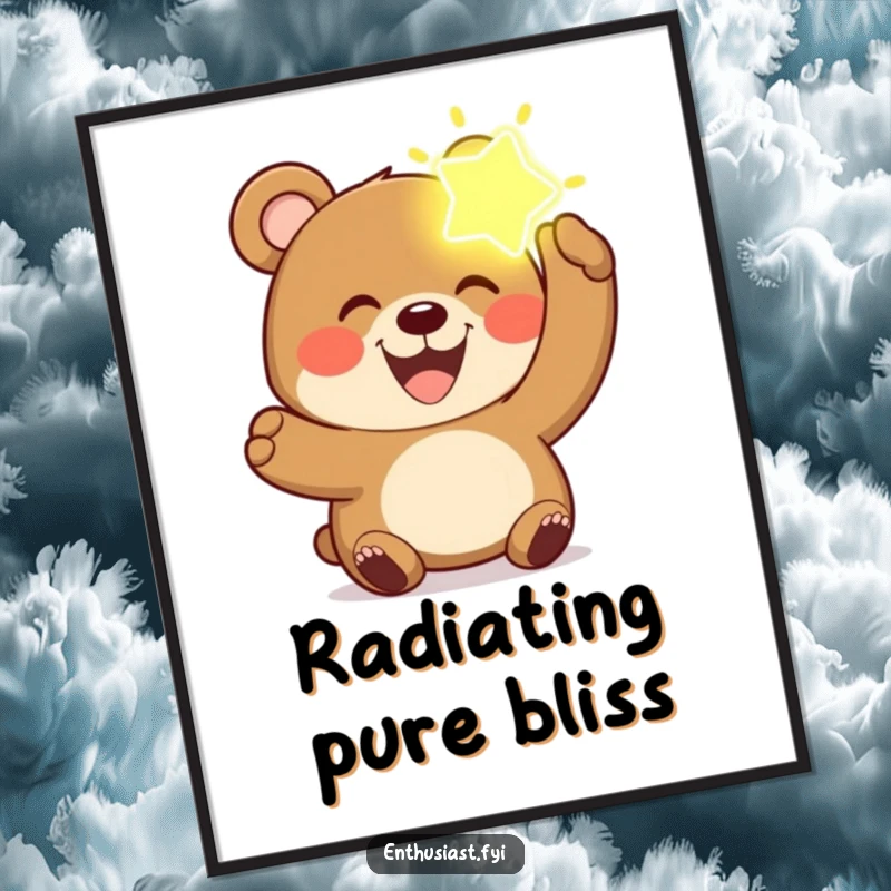 Funny bear poster showcasing a joyful bear with a wide grin, holding up a glowing, imaginary object.