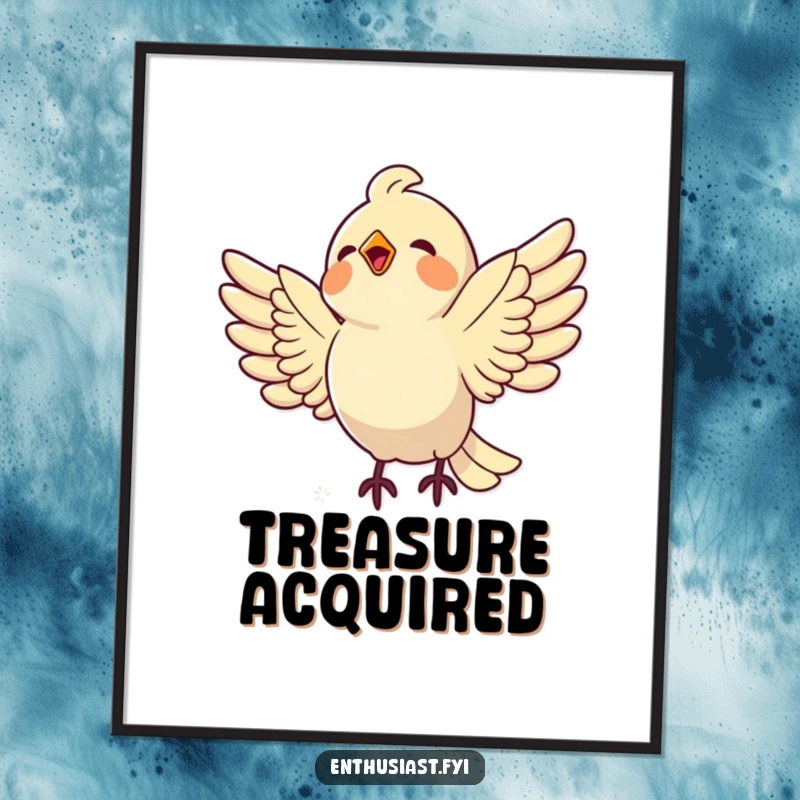 Funny bird poster depicting a delighted bird in flight, wings spread, swooping towards a shiny object, capturing a moment of discovery.