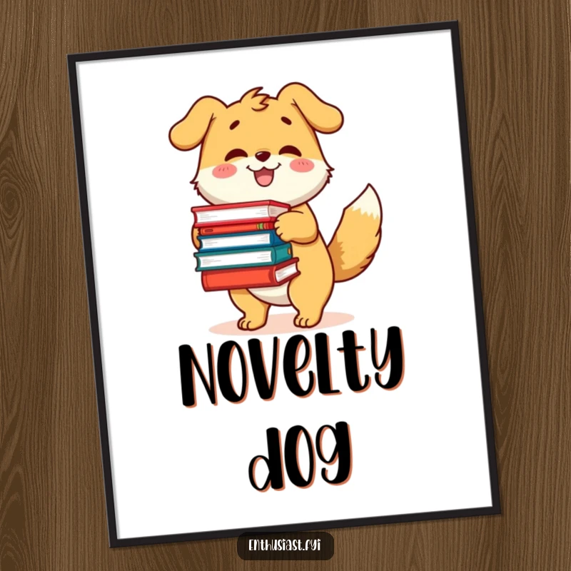Funny poster art of a happy dog character with a wagging tail, excitedly holding a large pile of books.