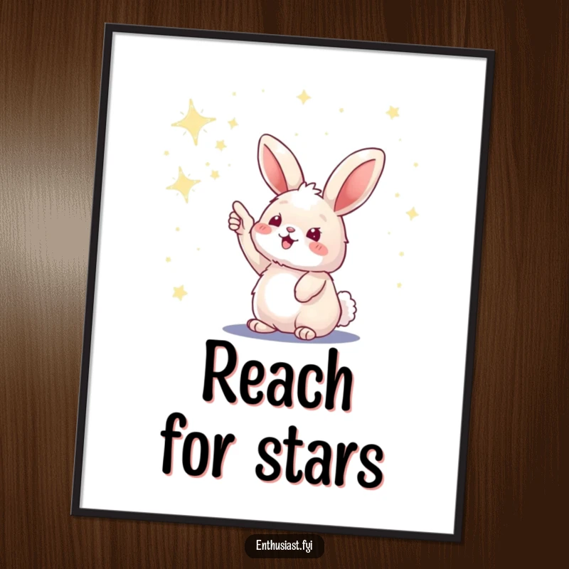 Funny poster depicting a fluffy bunny excitedly pointing at a vast sky glittering with countless stars.