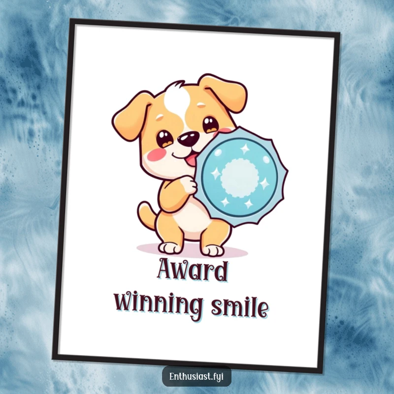Funny poster depicting a cute dog character enthusiastically holding a giant, sparkling badge, celebrating achievement with wagging tail.