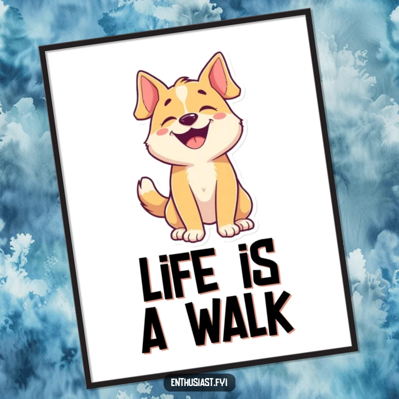 Funny dog poster depicting a happy character barking and wagging its tail, perfect for dog-themed decor.