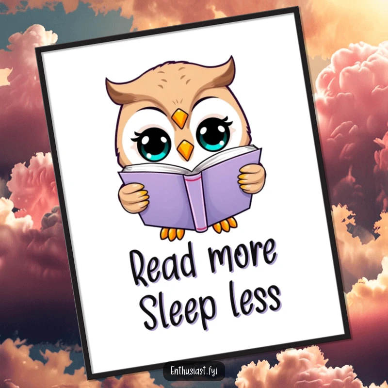 Funny owl poster: A happy owl intently reading a thick book with wide, expressive eyes. Humorous art.
