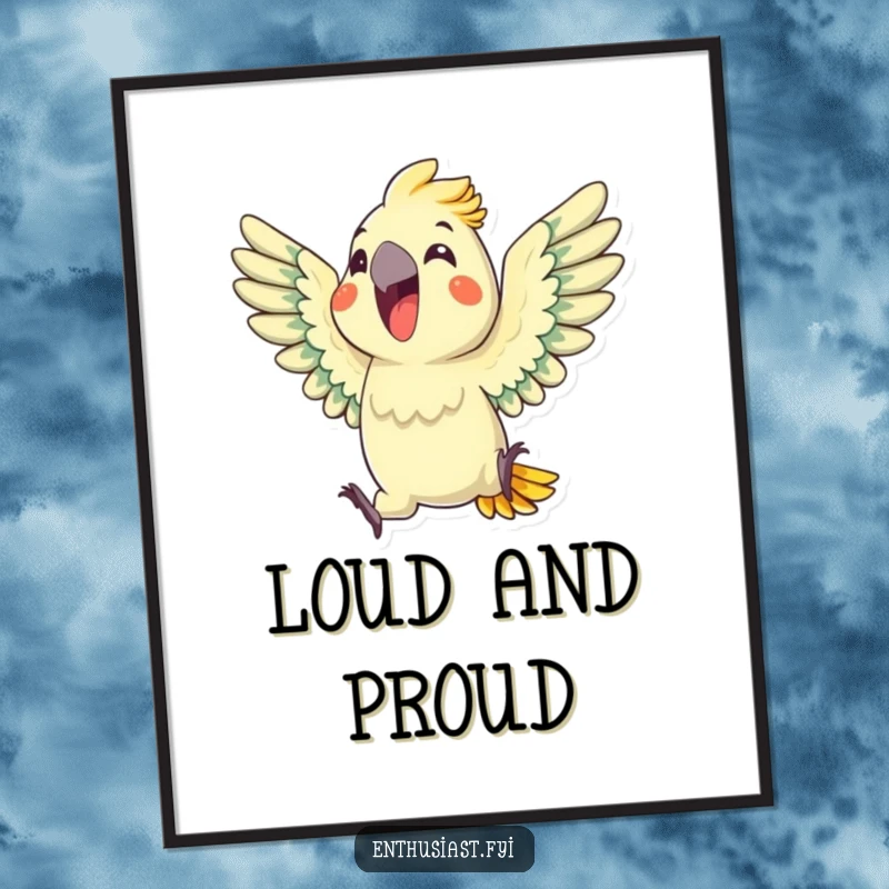 Funny Parrot Poster: A delighted parrot enthusiastically squawks with wings outstretched, bringing vibrant tropical energy to any wall, a great funny gift.