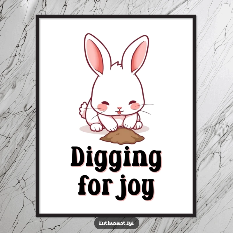 Funny rabbit poster showcasing a playful bunny with twitching ears, enthusiastically digging a small hole, full of determined energy.