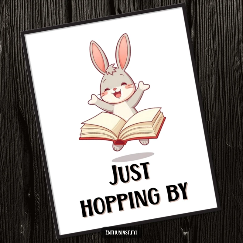 Funny poster of a joyful bunny happily bouncing with an open book, bringing cheerful literary vibes.