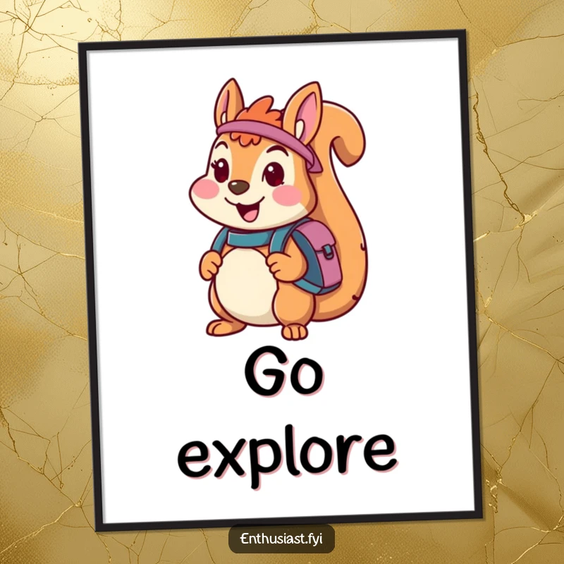 Funny poster print of a cheerful squirrel character wearing a backpack, looking excited and ready to embark on a grand adventure.