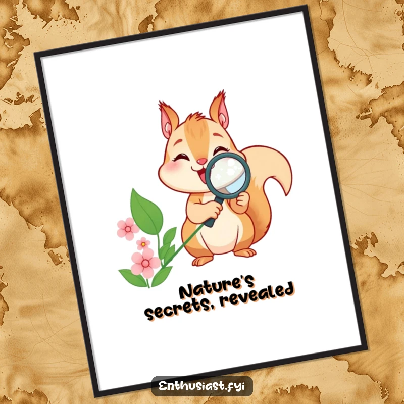 Funny squirrel poster art, using a magnifying glass to inspect a flower, radiating curiosity and comedic charm.