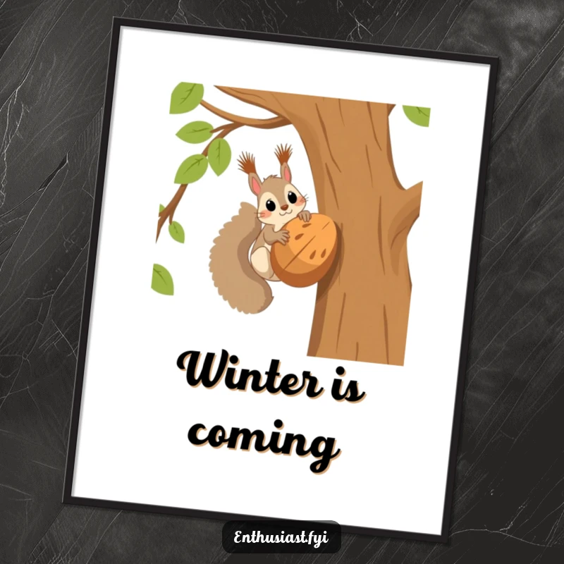 Funny squirrel poster showing a curious squirrel in a tree eyes fixed on a gigantic nut, representing excitement and abundance.