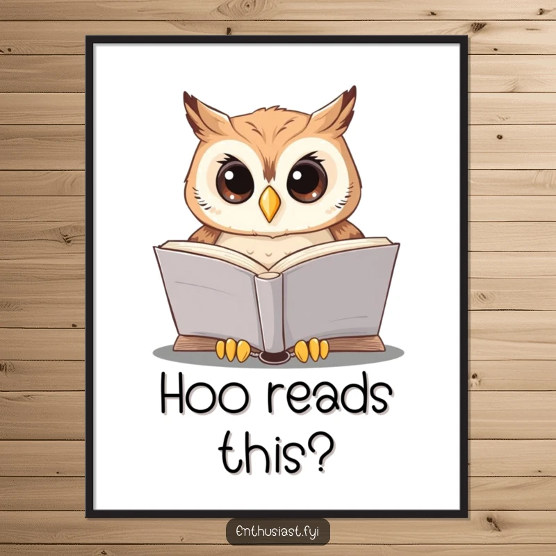 Funny owl reading poster depicts a focused owl engrossed in a large book, serving as a symbol of wisdom and learning.