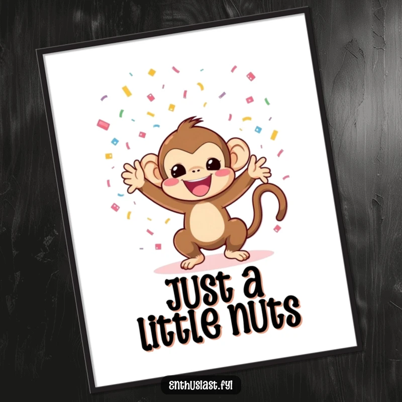 Funny monkey poster depicting a cheerful character tossing confetti, perfect for vibrant party decor.