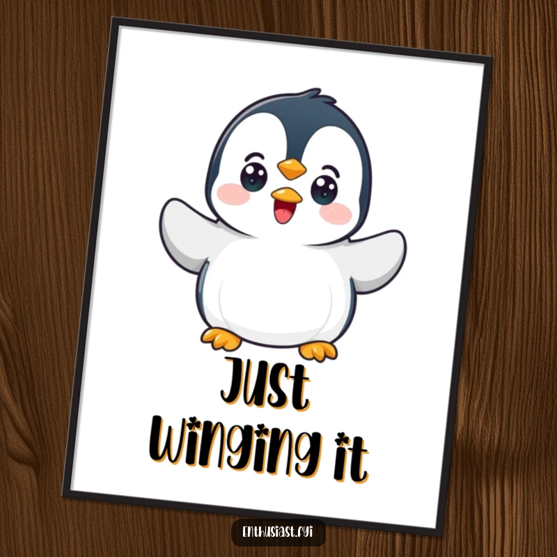 Funny penguin poster depicting a joyful character waving flippers, adding a touch of arctic fun to decor.