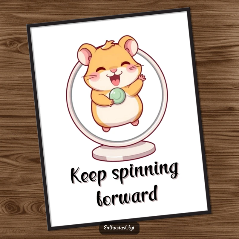 Funny poster of a giggling hamster excitedly running on a spinning wheel, bringing a vibrant and energetic vibe.