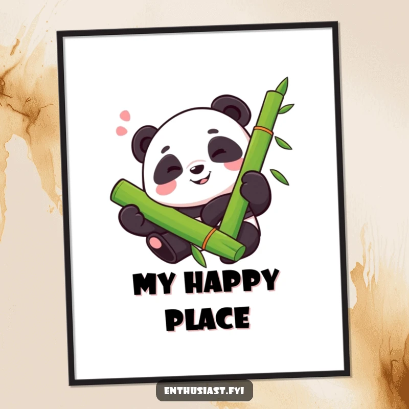Funny poster of a proud panda with a happy sigh, enthusiastically hugging a large bamboo stalk, adding a peaceful vibe.