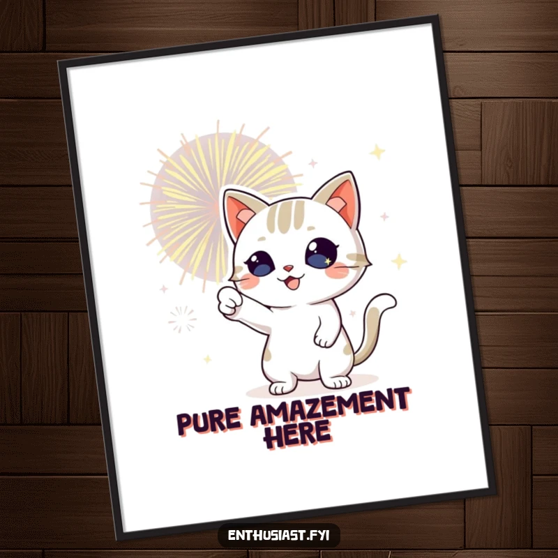 Funny cat poster showcasing a playful cat with sparkling eyes, enthusiastically pointing towards a bursting, colorful fireworks display.