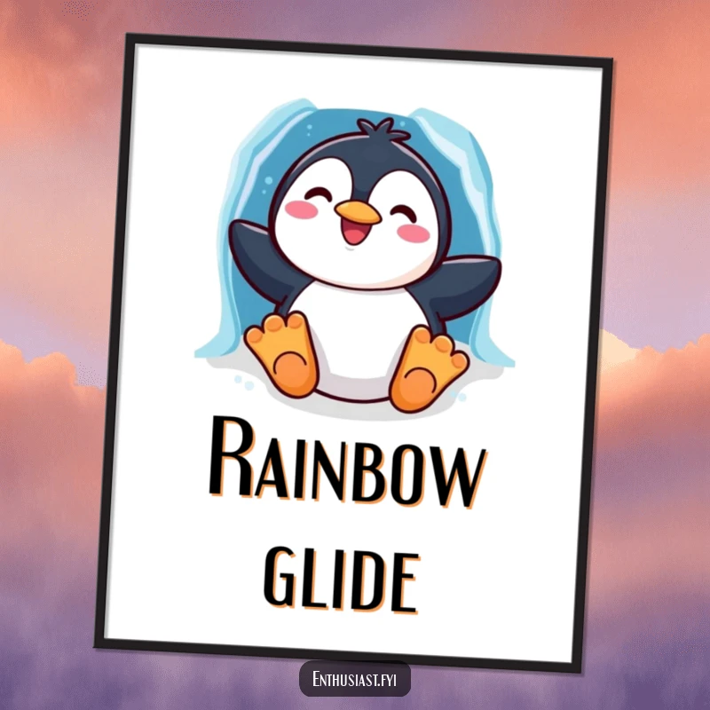 Funny poster depicting a cheerful penguin character with a wide grin sliding down a bright rainbow ice chute, celebrating winter joy.