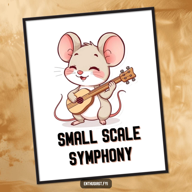 Funny mouse music poster displays a spirited mouse playing a tiny, cheerful instrument, creating a lively and happy atmosphere.
