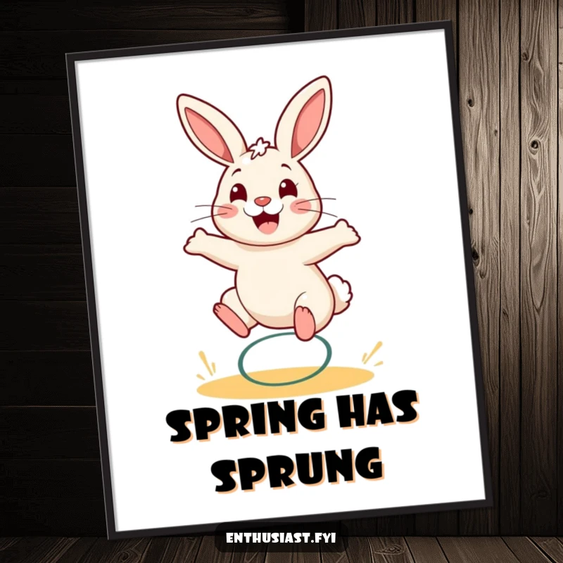 Funny rabbit poster: A cheerful bunny gleefully bounces on a spring, radiating happiness and fun.