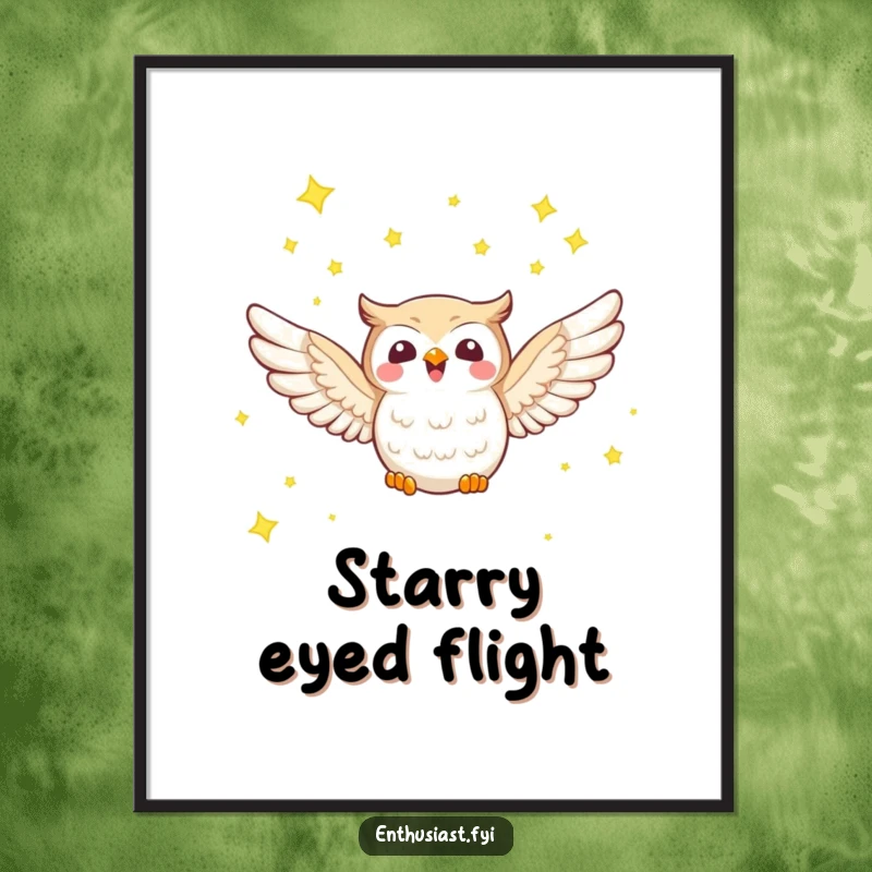 Funny poster depicting a joyful owl character with outstretched wings soaring through a dark sky filled with tiny, shining stars.