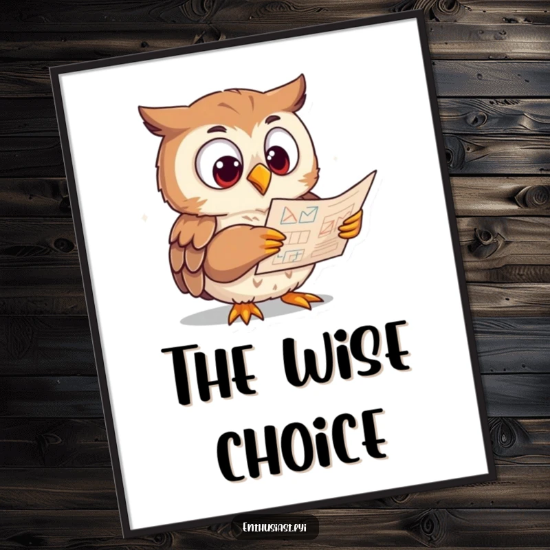 Funny Poster showing an eager owl character studying a complex diagram with wide eyes, a humorous piece celebrating intellect.