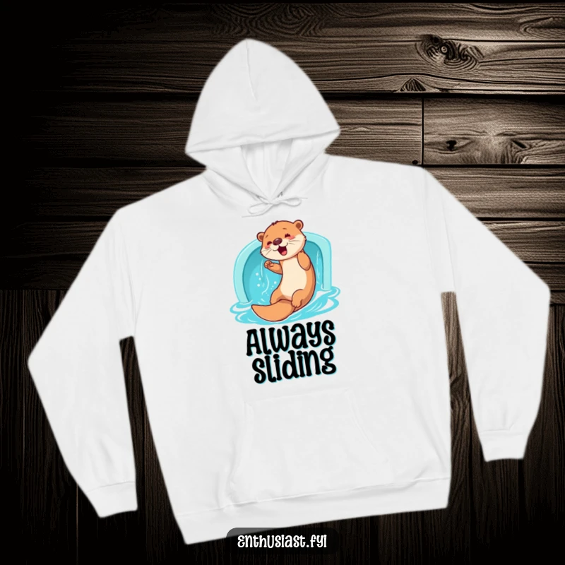 Funny Otter Hoodie: A happy otter enthusiastically slides down a water slide, offering cozy comfort and playful vibes, a great funny gift.