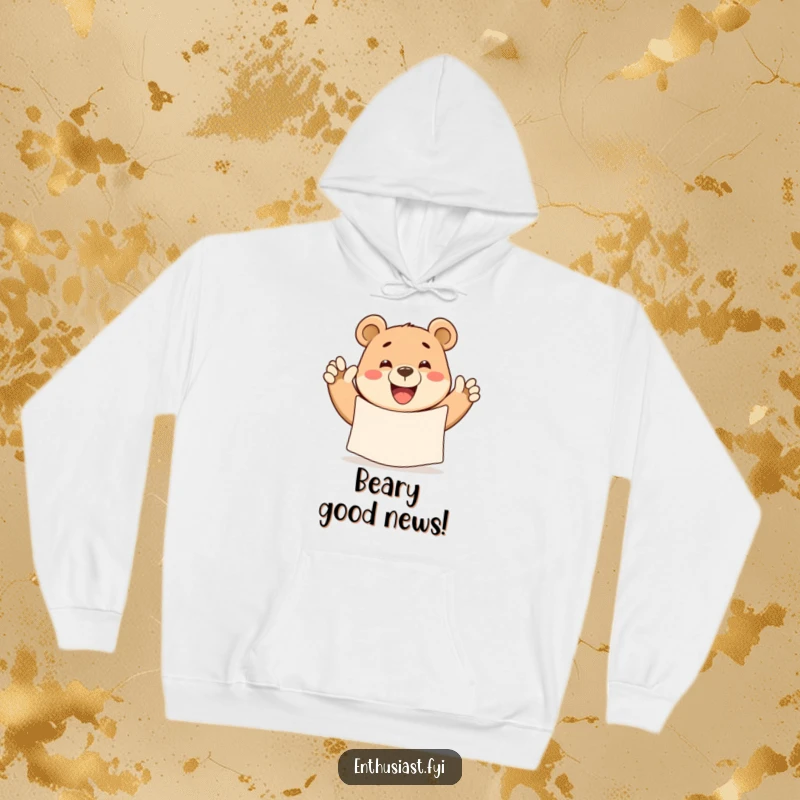 Funny bear hoodie, a joyful bear waving a big banner with a wide grin, perfect for cozy cheer.
