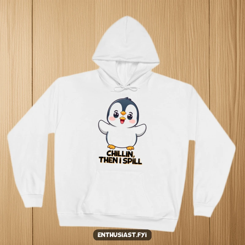 Funny penguin hoodie featuring a happy character waving flippers, offering maximum warmth and humor.