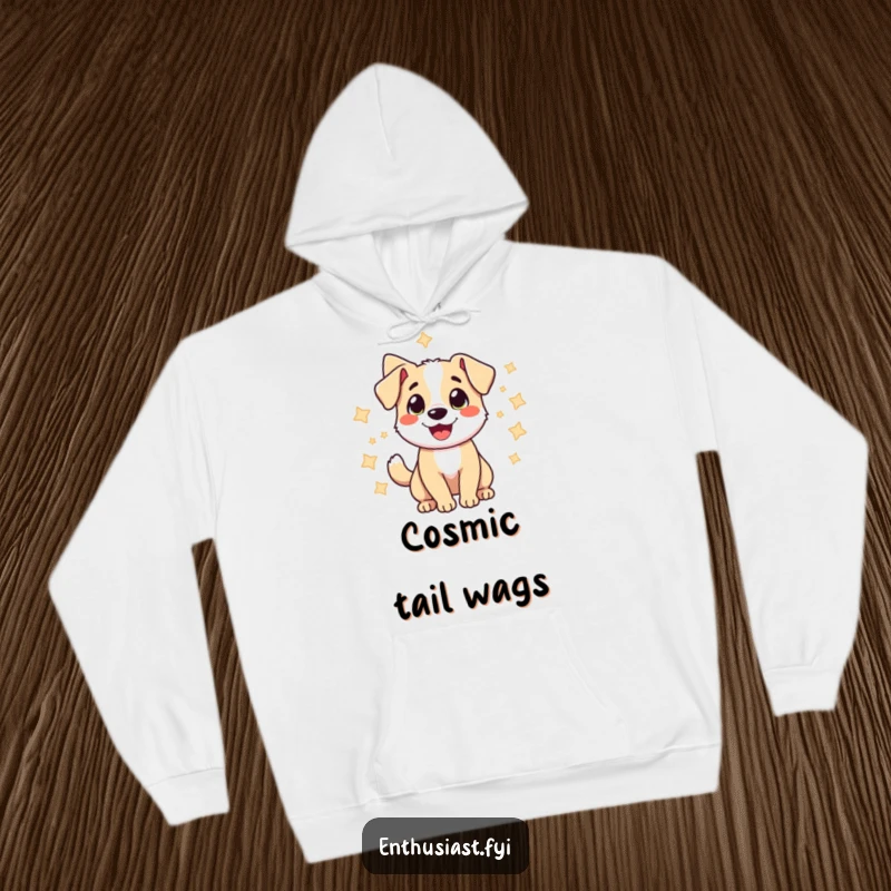 Funny hoodie featuring a joyful dog wagging its tail amidst a starry sky, bringing comfort and cheer.