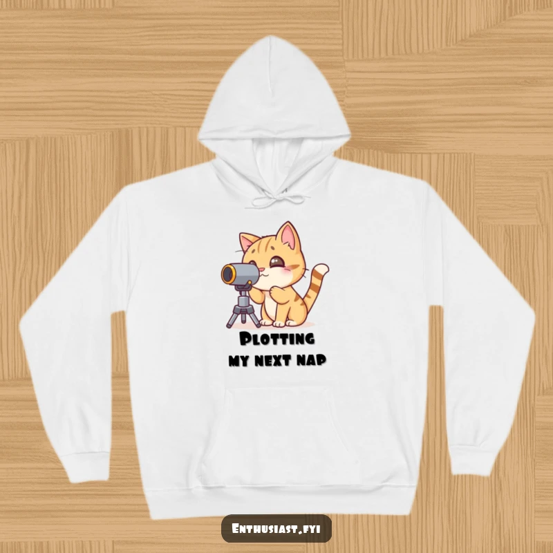 Funny cat hoodie featuring a curious character peering through a telescope, offering warmth and intellectual charm.