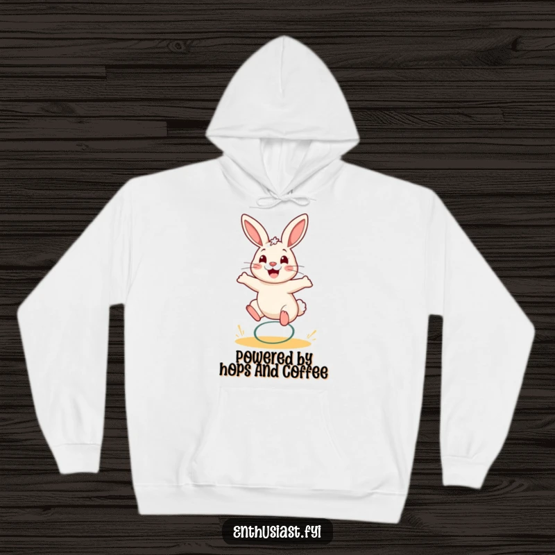 Funny rabbit hoodie showing a happy bunny bouncing energetically on a spring, a comical sight.