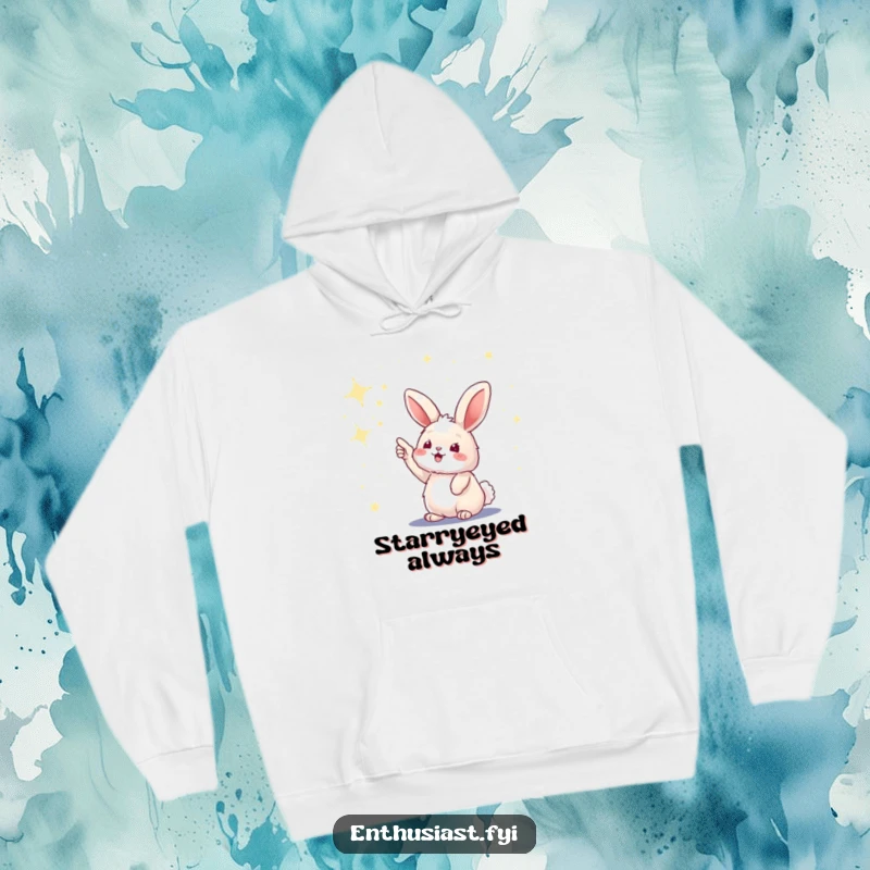 Funny hoodie showing a fluffy bunny excitedly pointing at a vast sky filled with twinkling stars.