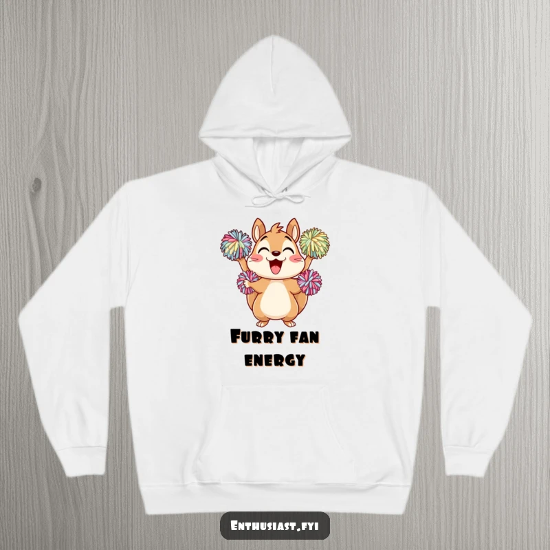 Funny Hoodie: A delighted squirrel character cheering vibrantly with pom-poms, providing cozy energy for game days.