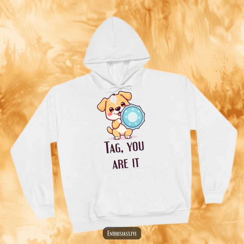 Funny hoodie featuring a cute dog character with a wagging tail holding a giant, sparkling badge, embodying enthusiastic celebration.