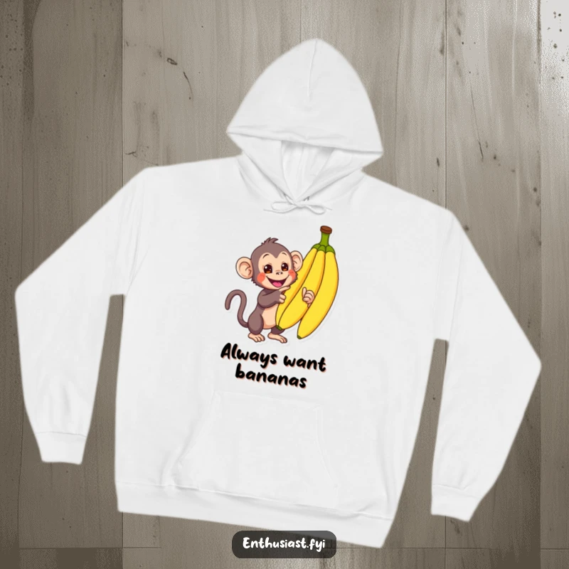 Funny Monkey Hoodie: A delighted monkey enthusiastically points at a bunch of bananas, ready for a tasty snack, a cozy funny gift.