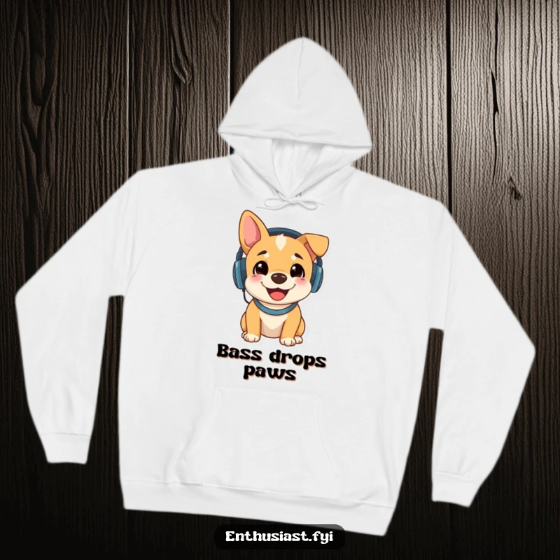 Funny hoodie displaying a happy dog wearing headphones and intensely enjoying music, perfect for cozy listening sessions.