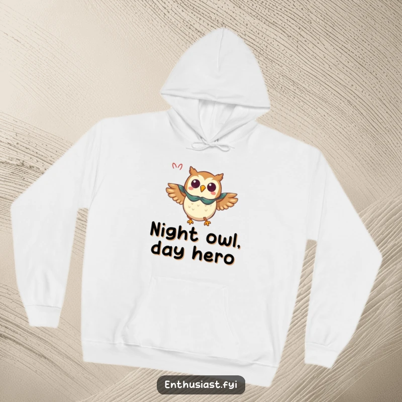 Funny owl hoodie, a triumphant owl in a flying cape, embodying enthusiasm and heroic charm.