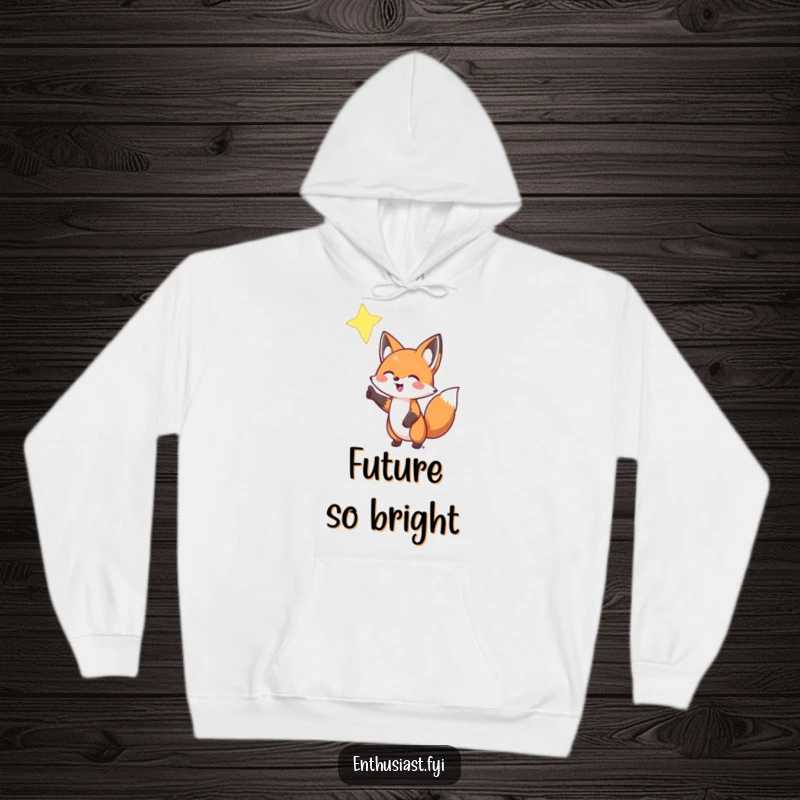 Funny Fox Hoodie: A happy, gesturing fox looks up at a bright star, radiating warmth and enthusiasm, a perfect cozy funny gift.