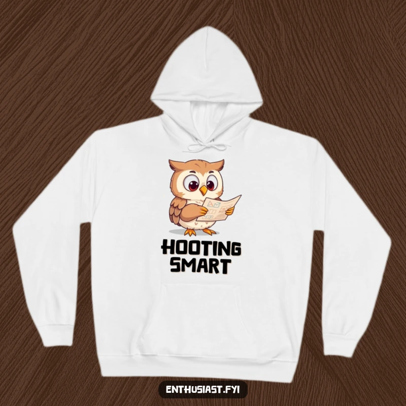 Funny Hoodie featuring an eager owl character intently studying complex diagrams with wide eyes, a humorous and warm item.